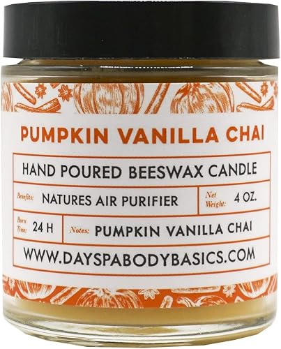 Pumpkin Vanilla Chai - Vela de cera de abeja vertida a mano, totalmente natural, mecha trenzada de algodón, sin químicos, sin humo, limpia el aire,