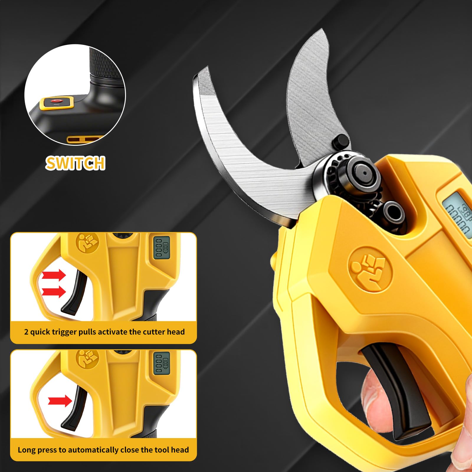 Sécateur à batterie Roadtime, compatible avec Dewalt 20V, sécateur sans balais à 2 vitesses, affichage numérique, diamètre de coupe 30 mm, lames de rechange et boîte en plastique