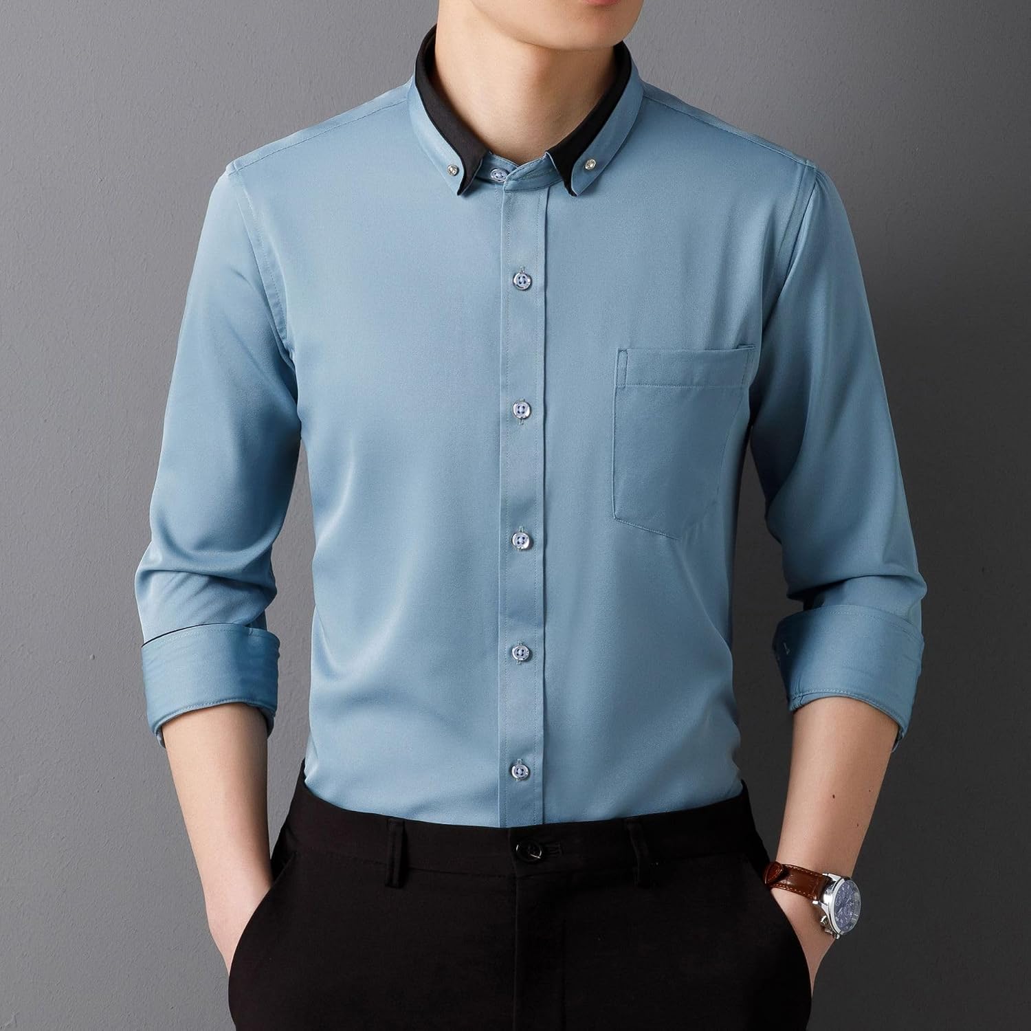 Men's Shirt Casual Business Elastic Long Sleeve Lapel Formal Shirts