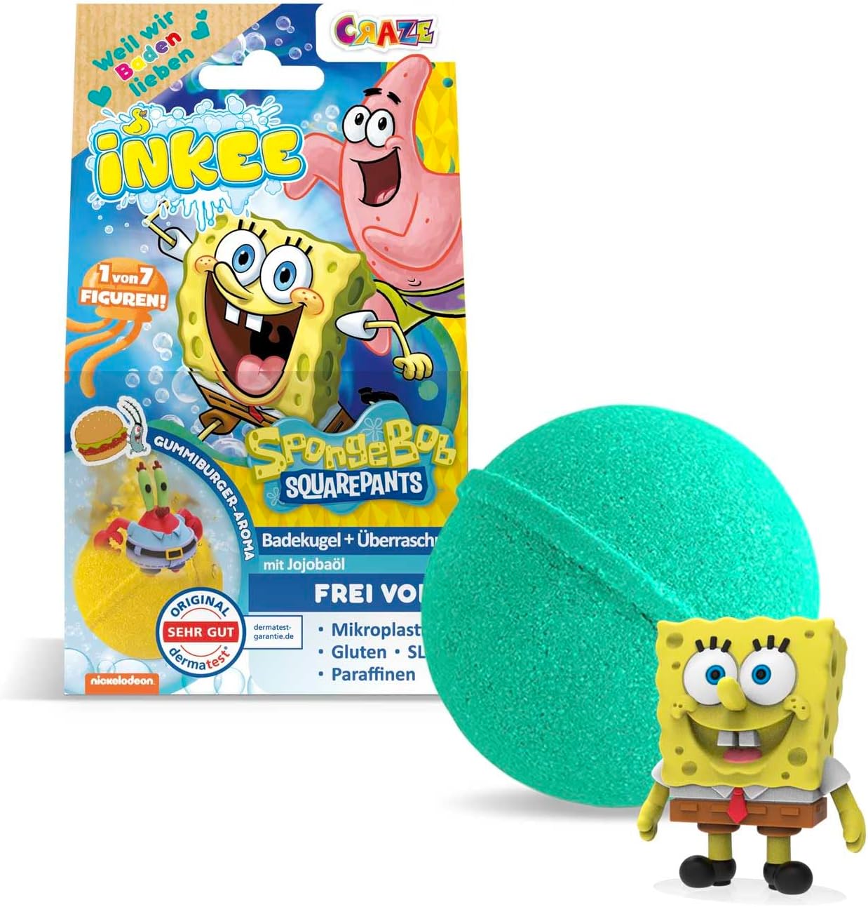 INKEE SpongeBob - Bath Bomb Children with Surprise - SpongeBob Squarepants Figures to Collect - Bath Ball 80 g with Burger Rubber Aroma and Jojoba Oil, Turquoise or Yellow