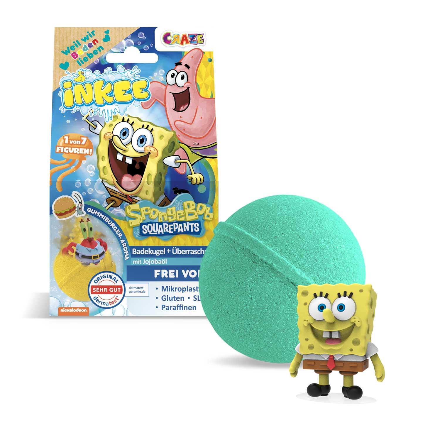 INKEE Surprise Bath Bomb Spongebob – Bath Bombs for Kids with Spongebob Figure, fizzing Bath Ball with Hidden Toy, Yellow/Teal, 80 g Single Pack - Toy for 3 Year Old Plus