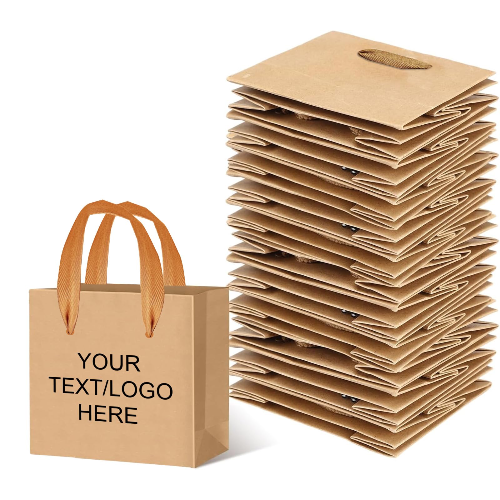 1-100 Pack Personalised Mini Gift Bags with Ribbon Handles - Custom Printed Name/Text/Logo - 14x14x3.5cm - Small Party Favor Bags for Wedding, Birthday, Corporate Event, Baby Showers (Brown)