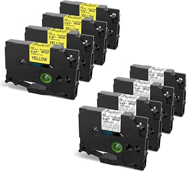 Black on Yellow, White on Clear Label Tape 12mm, 8-Pack