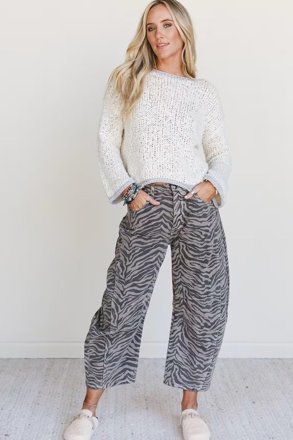 Urchics Women Barrel Jeans Wide Leg High Waisted Zebra Stripe Trendy Western Jeans Cropped Denim Pants with Pockets