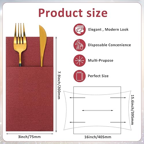 Miniatura 2 de 150 servilletas de papel de lino desechables Airlaid Servilletas de cena, toalla de mano para invitados con bolsillo integrado para cubiertos para