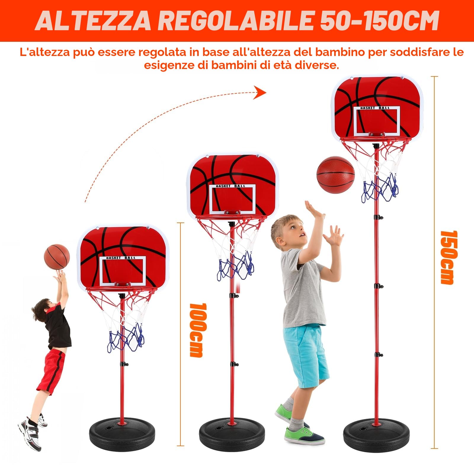 Canestro Bambini Esternocon 2 Palloni da Basket e una Pompa, Regolabile in Altezza, per Bambini dai 3 agli 8 Anni, per Canestri da Basket Indoor e Outdoor