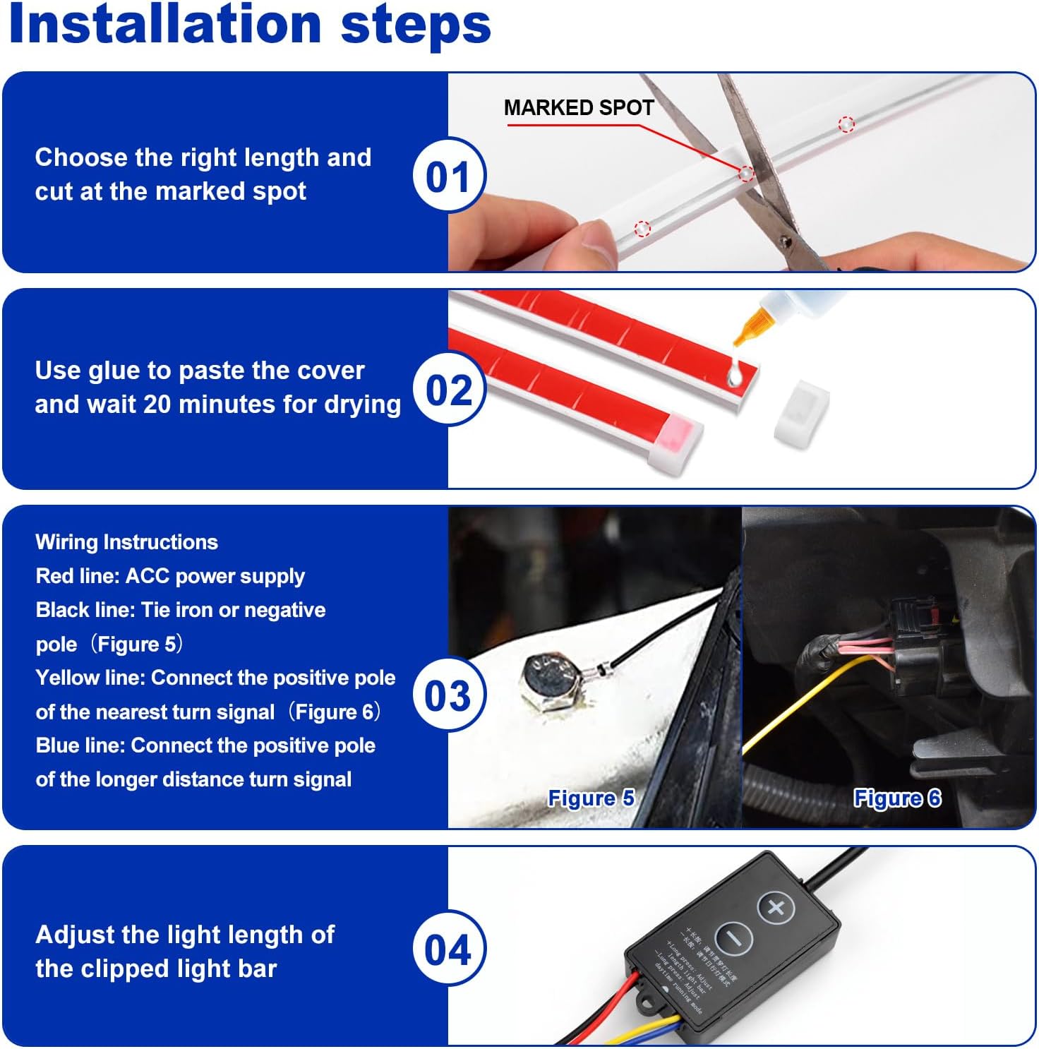 Cuttable LED Car Under Hood Light Strip Automotive Engine LED Strips Turning Light Guide Decorative Waterproof IP66 Daytime Exterior Decoration Accessories DC 15V Light Blue & Yellow 78.8in