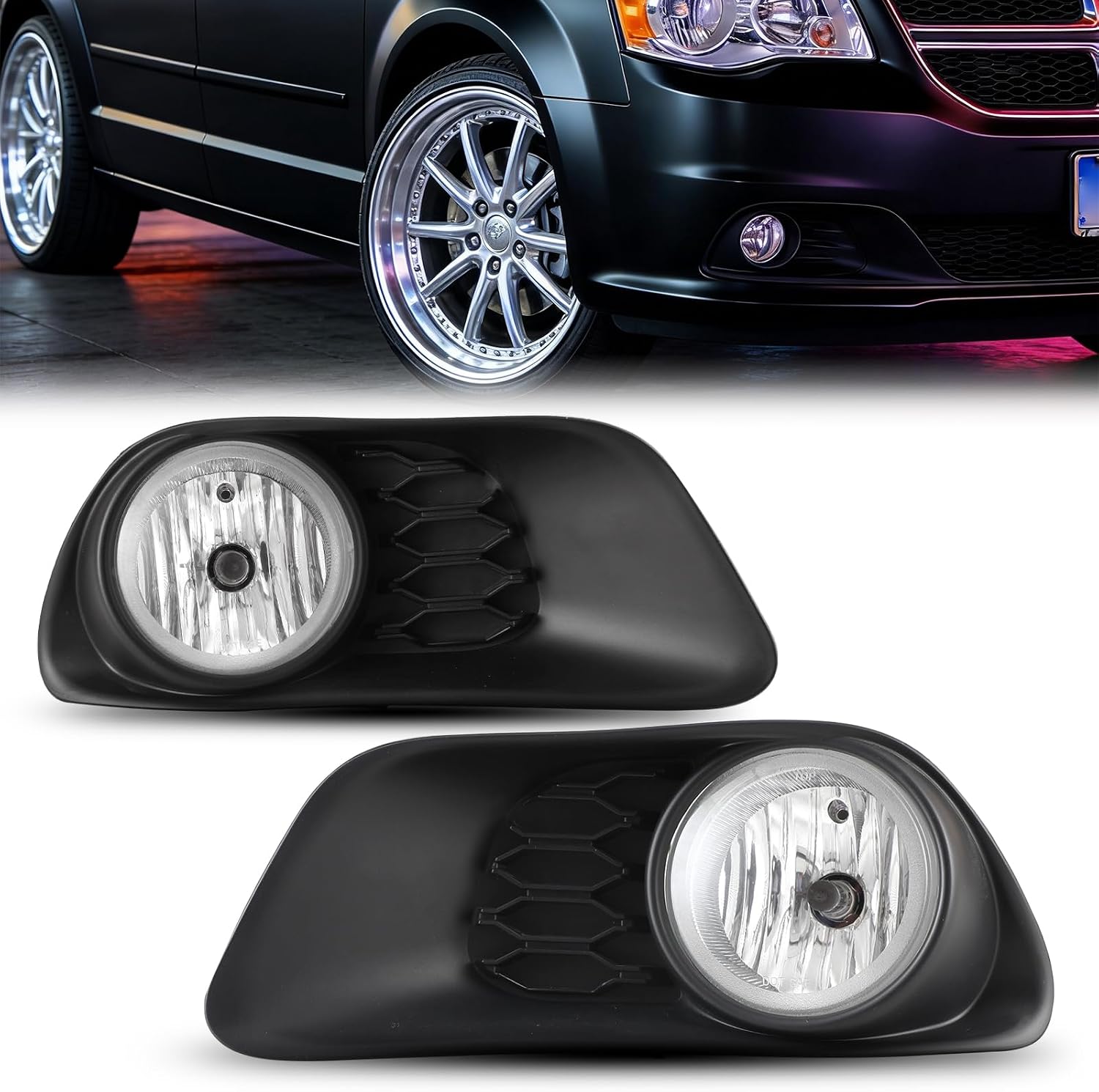 ROXX Fog Lights Assembly Fit For 2011 2012 2013 2014 2015 2016 2017 2018 2019 2020 Dodge Grand Caravan, OEM Driving Fog Lights Lamps Replacement with Black Bezel Cover + Wiring Harness Kit