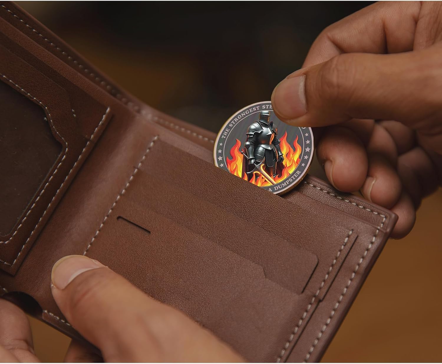 Dumpster Fire Challenge Coin - Knight and Sword Emotional Mental Health Pocket Token - Inspirational Gift for Men Women Kids- Engraved The Strongest Steel is Forged in The Fire of a Dumpster