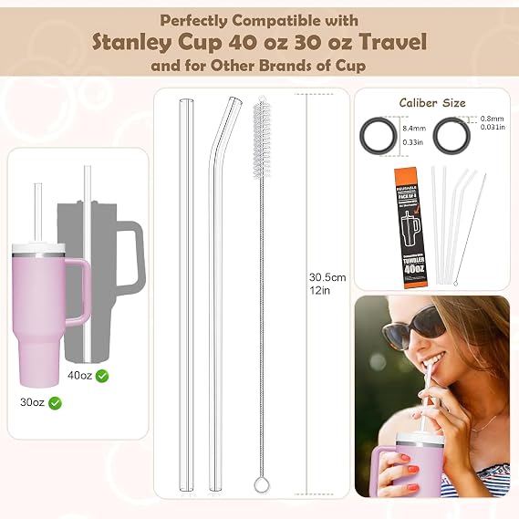 VITEVER 8 Straws for Stanley Cup Stanley Cup Accessories Straw Suitable for Stanley Cup 40/30 oz with 1 Cleaning Brush Tritan