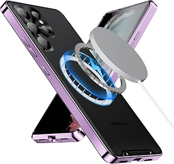 Safety Lock Galaxy S24 Ultra Metal Case [Compatible with MagSafe Wireless Chager] Shockproof Metal Bumper Frosted PC Back Panel Camera Lens Protector,Purple