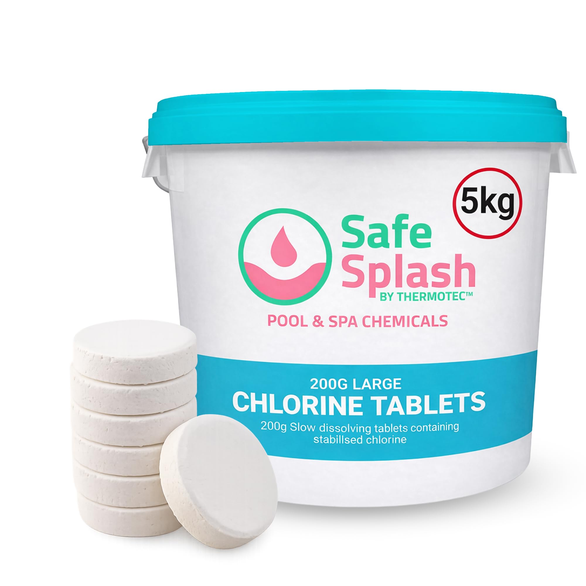 Safe Splash Chlorine Tablets Large 5kg - 25 x 200g Slow Release Pool Chlorine Tablets, Stabilised Swimming Pool Sanitiser, Clear Water Treatment for Outdoor Family Pools