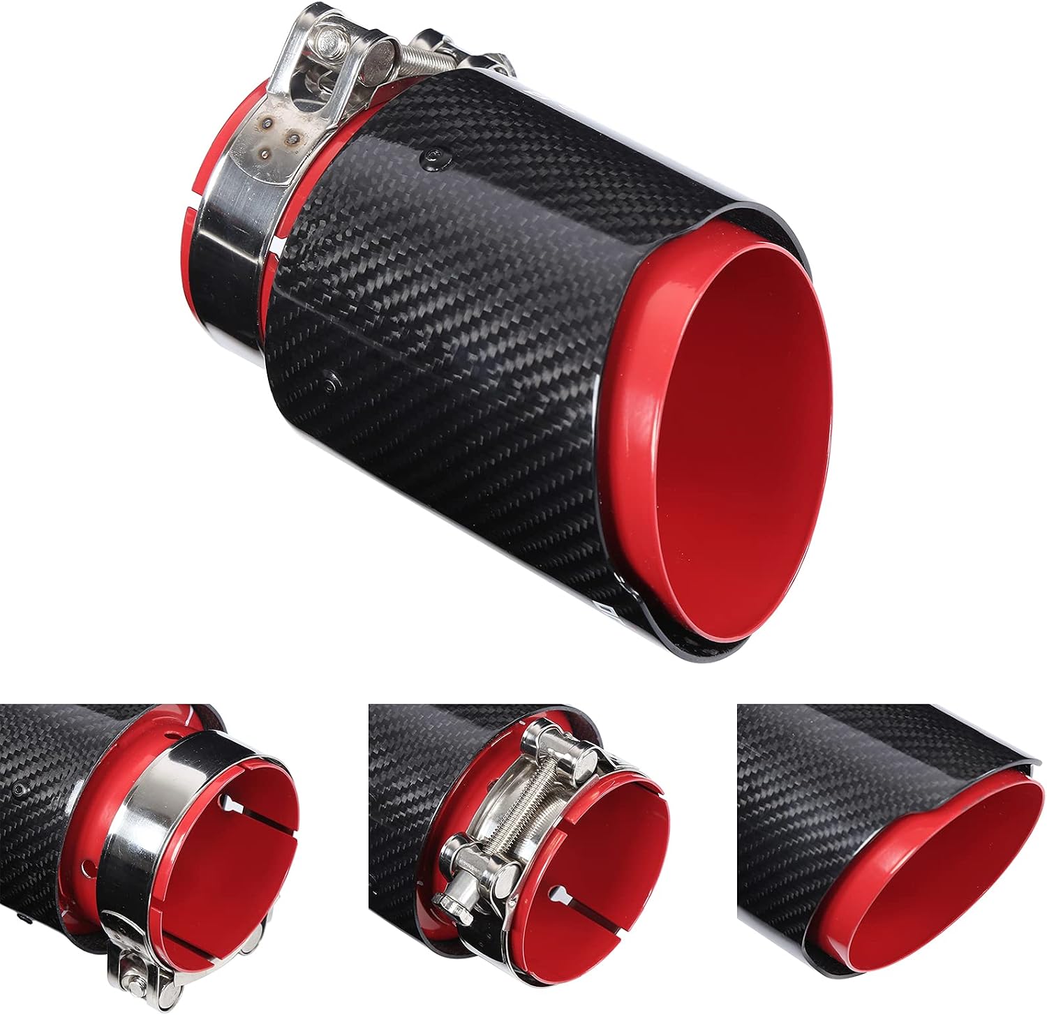 Tail Throat,Yctze Universal Exhaust Tip Tail Throat Glossy Carbon Fiber Red Pipe Straight 3.1in Inlet 4in Single Outlet Exhaust Tip for Cars