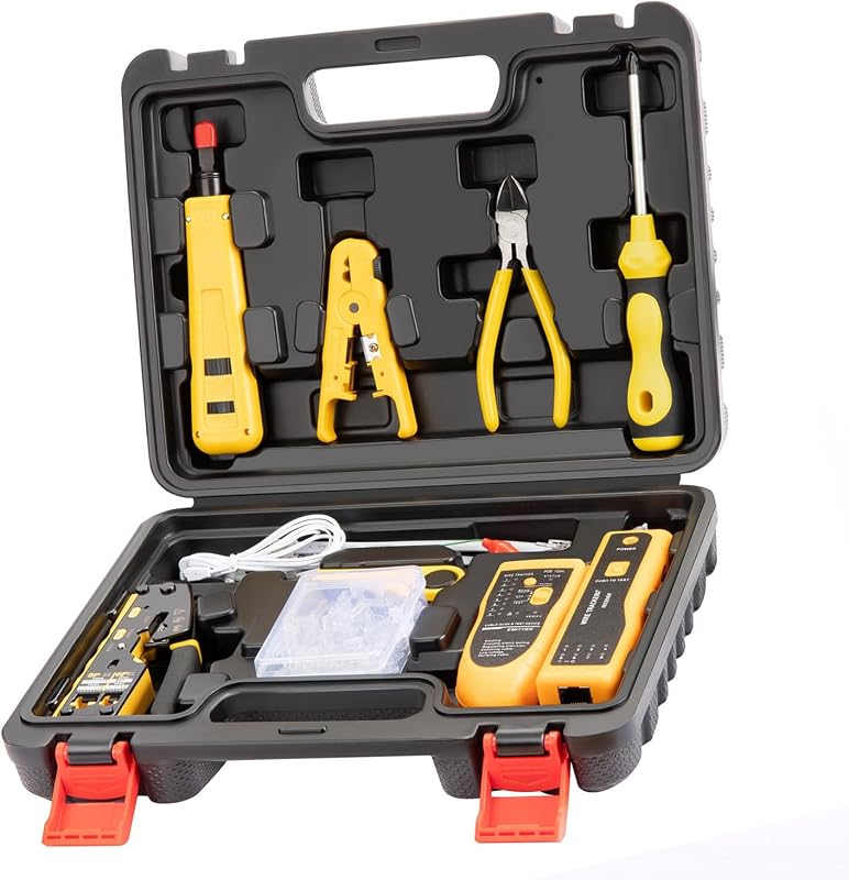 Kit de herramientas de red para Cat6 Cat5e Cat5, kit de herramientas de engarzado RJ45 de paso, herramienta de engarzado Ethernet Cat6 Cat5e Cat5 con rastreador de cables, conectores de paso
