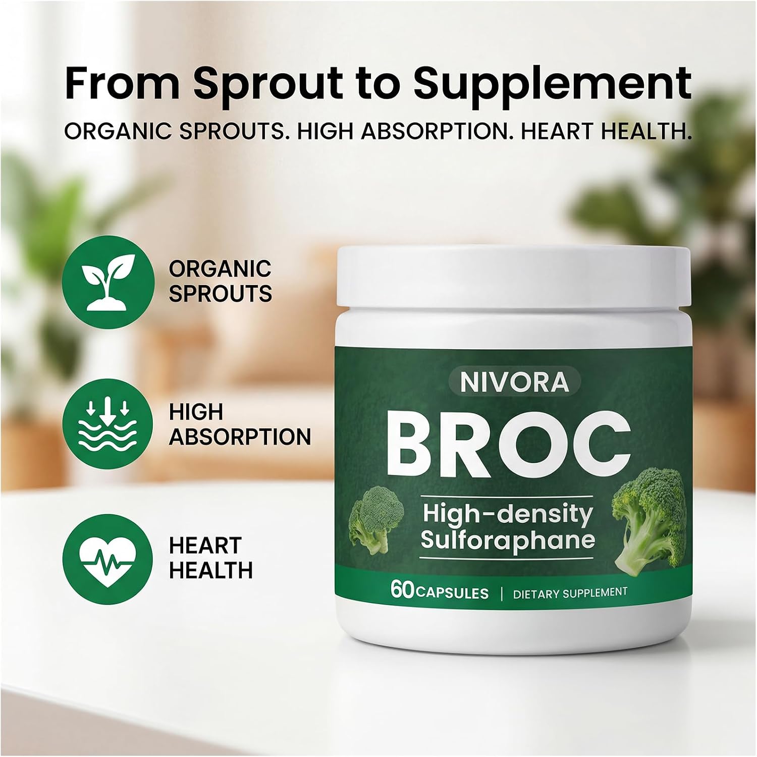 BROC High-Density Sulforaphane with Myrosinase & Broccoli Sprout Extract, for Cellular Health & Immune Function & Daily Vitality, Non-GMO, 60 Capsules