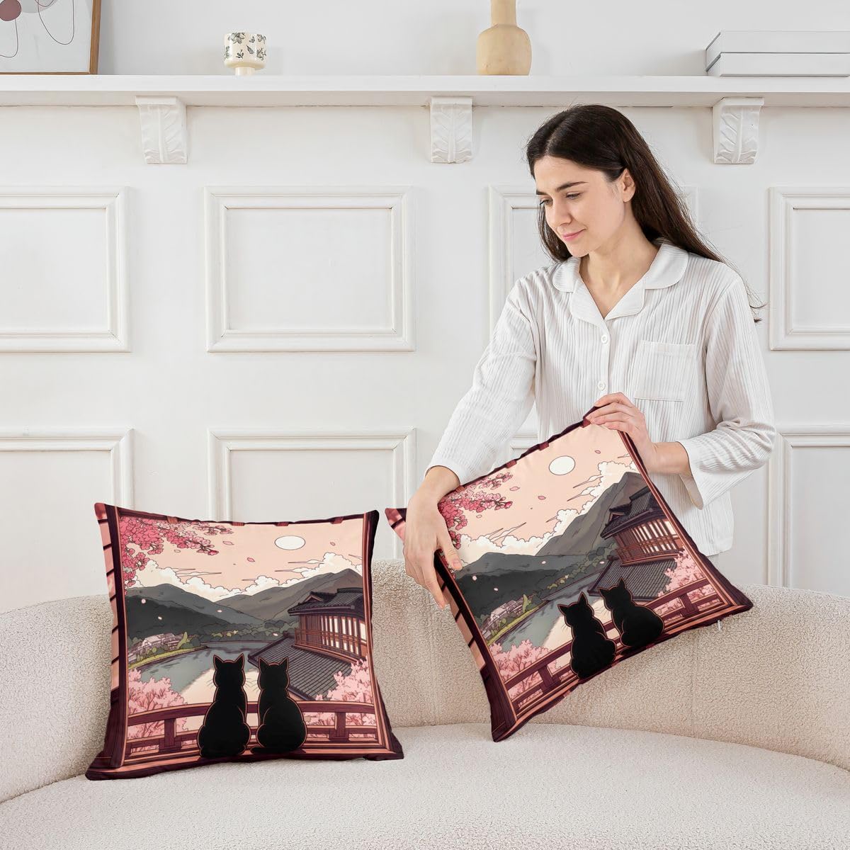 Manfei Japanese Cat Cushion Cases 18X18 Set of 2 Cherry Blossom View Throw Pillow Covers Mountain Anime Aesthetic Cushion Covers for Kids Decorative Pillowcases Soft Pillows Covers Pink Gray image 3