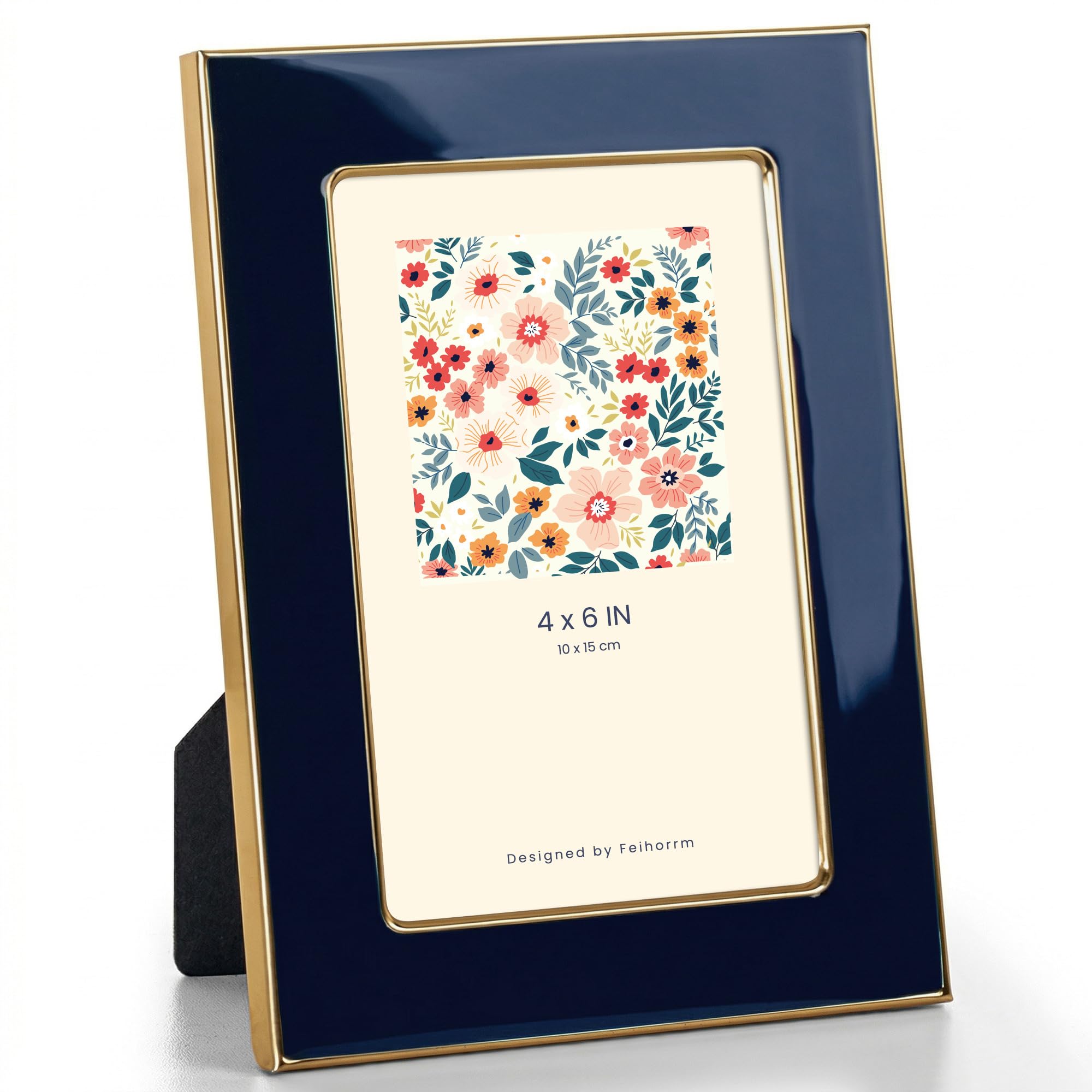 Feihorrm Photo Frame 6x4, Navy Blue Enamel Frame with Gold Metal Edge, HD Tempered Glass Picture Frame, Vertical & Horizontal Display, Tabletop & Wall Mount Decor
