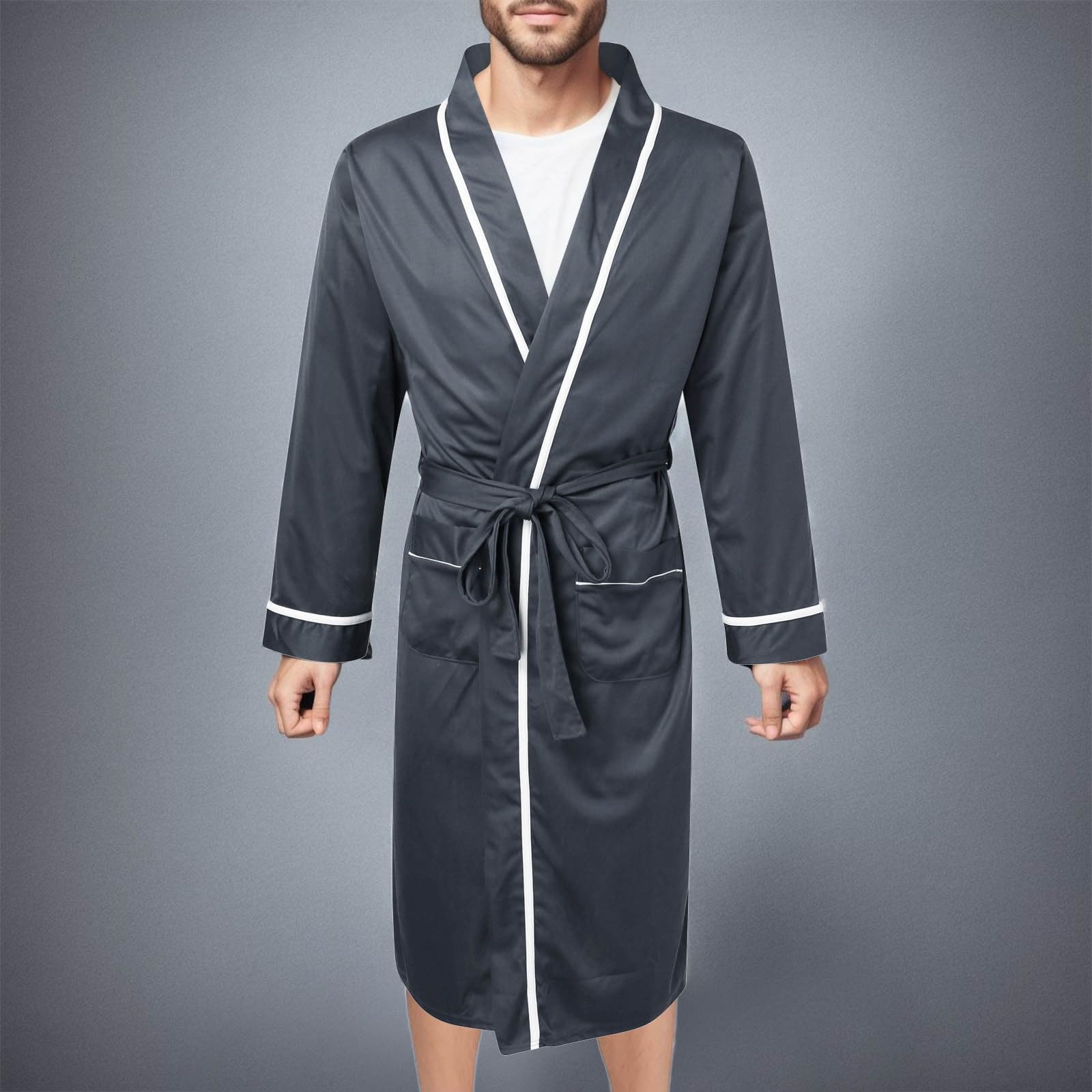 Peignoir Homme Satin,Robe De Chambre Homme Ete Légère Peignoir De Bain Manches Longues Confortable Couleur Unie Pyjama Kimono avec Poche et Ceinture Imitation Pyjamas de Soie
