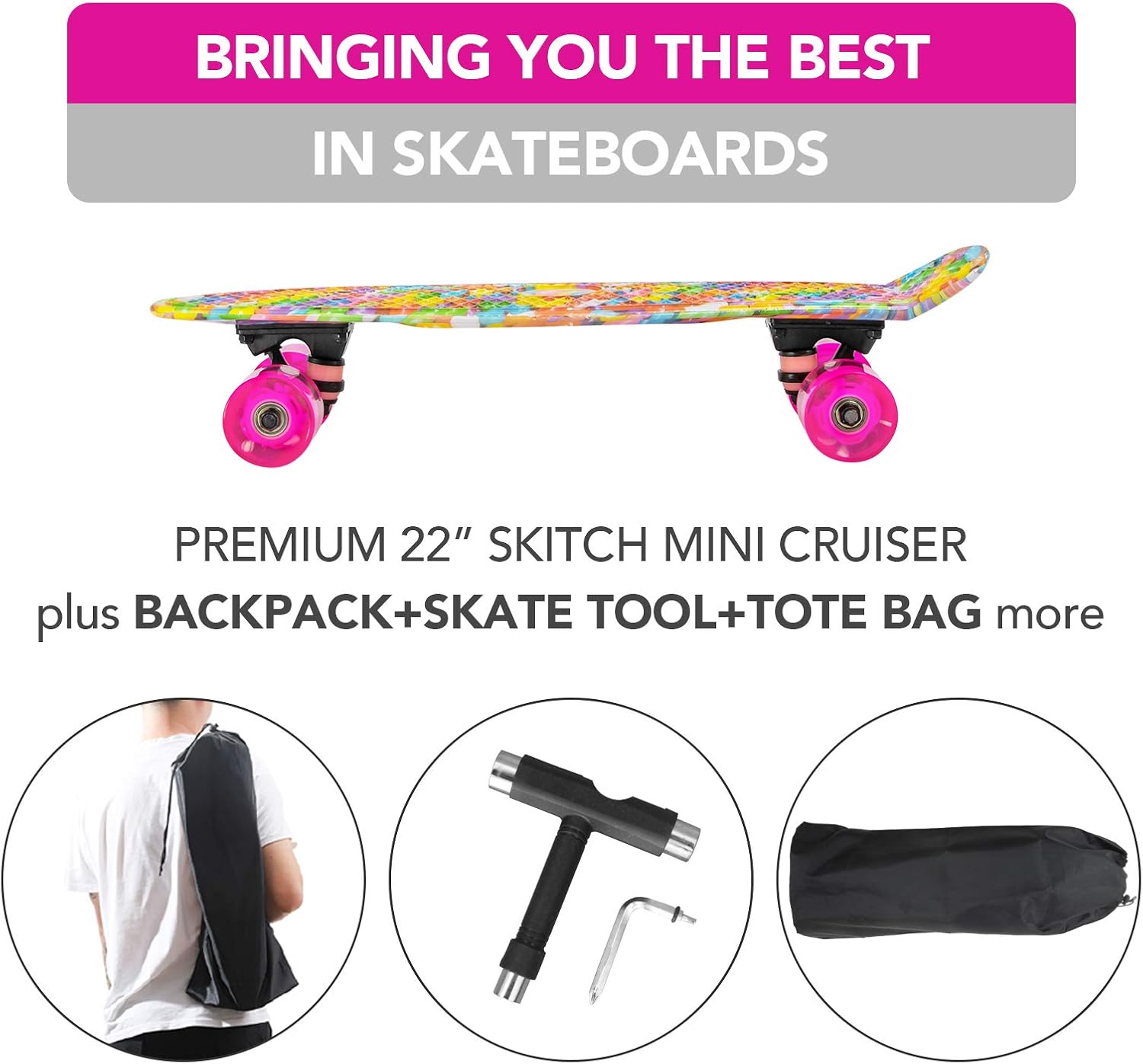 Skateboards Complete 22 Inch Mini Cruiser Retro Skateboard with Flash Wheels for Kids Boys Girls Youths Beginners