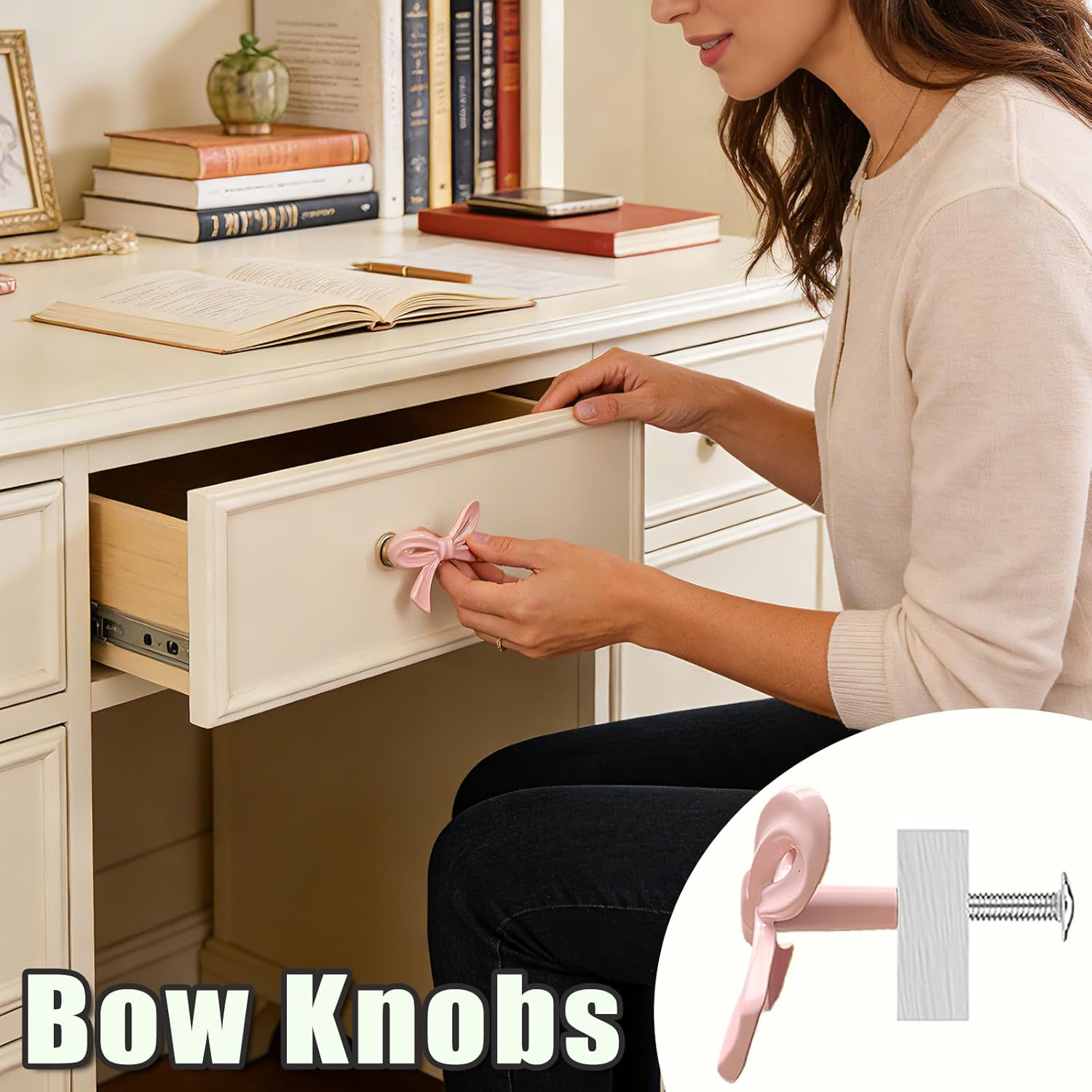 Set of 10 Enchanting Zinc Alloy Bow Knobs Lovely Bow Tie Drawer Handles for Girls Room Romantic Bow Shaped Handles for Bedroom Kitchen Nursery & Home Organization Projects (Pink-10Pcs)