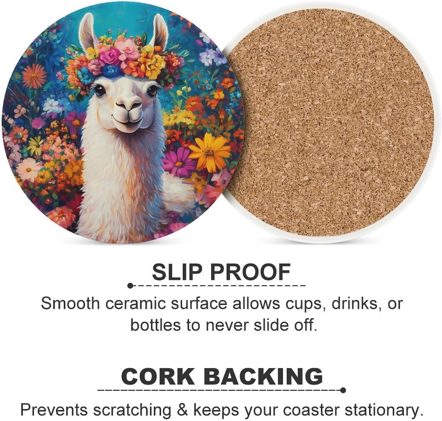 Llama Flower Coasters for Drink Round Ceramic Coaster with Cork Base Home Decorative 4PCS