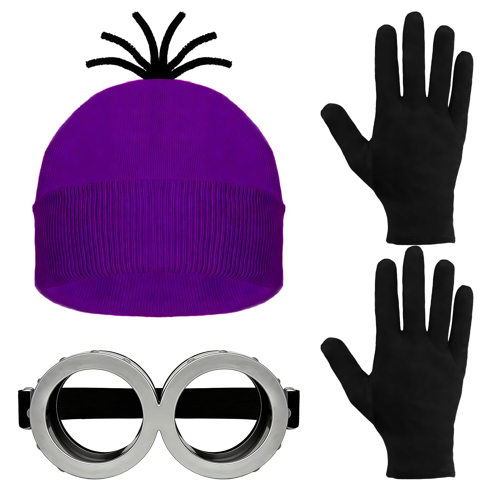 HIXNUG 3 Pieces Yellow Cartoon Characters Purple Wig Goggles Black Gloves Steampunk Glasses Christmas Halloween Party Fun World Book Day Cosplay Party Supplies