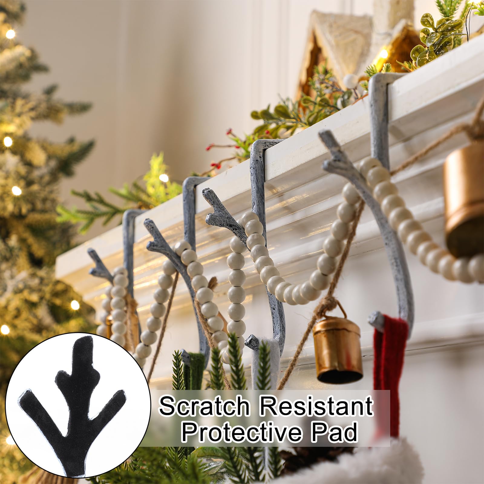 4 Pcs Heavy Duty Christmas Stocking Holders Cast Iron Hangers for Mantle Xmas Branch Stocking Holder with Protective Pad for Fireplace Home Shelf Can Hold Up 5 lbs (Retro White)