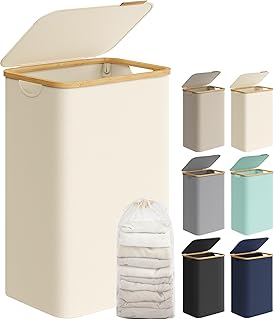SONGMICS Laundry Hamper with Lid, 23.8 Gallons (90L), Removable Mesh Liner | Slim Laundry Basket, Space-Saving, Bamboo Handles, Collapsible, 16.5 x 12.6 x 27.8 Inches, ROXANNE Collection ULCB509W01