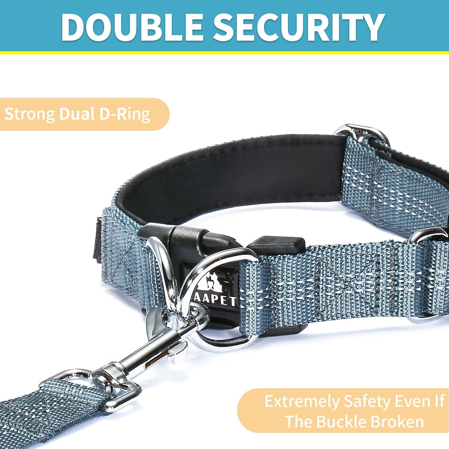 BAAPET Comfortable Dog Collar with Double Security Dual D-Ring and ID Tag Hanger for Small Puppy, Medium and Large Dogs (XS - 3/4" x (9"-13"), Grey)