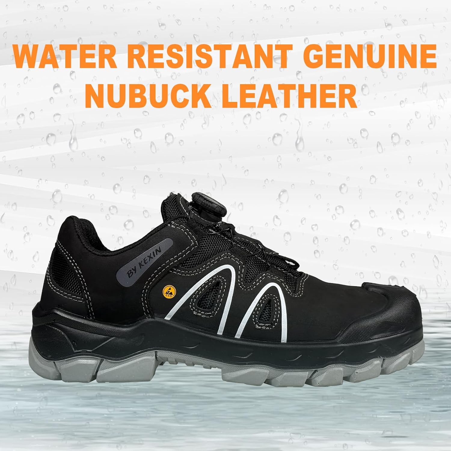 Composite Toe Shoes ESD Certified - Durable Quick Lace ESD Safety Shoes for Men, Top Grain Nubuck Leather Water Resistant, Breathable, Static Proof, Puncture-Resistant, Oil & Slip Resistant