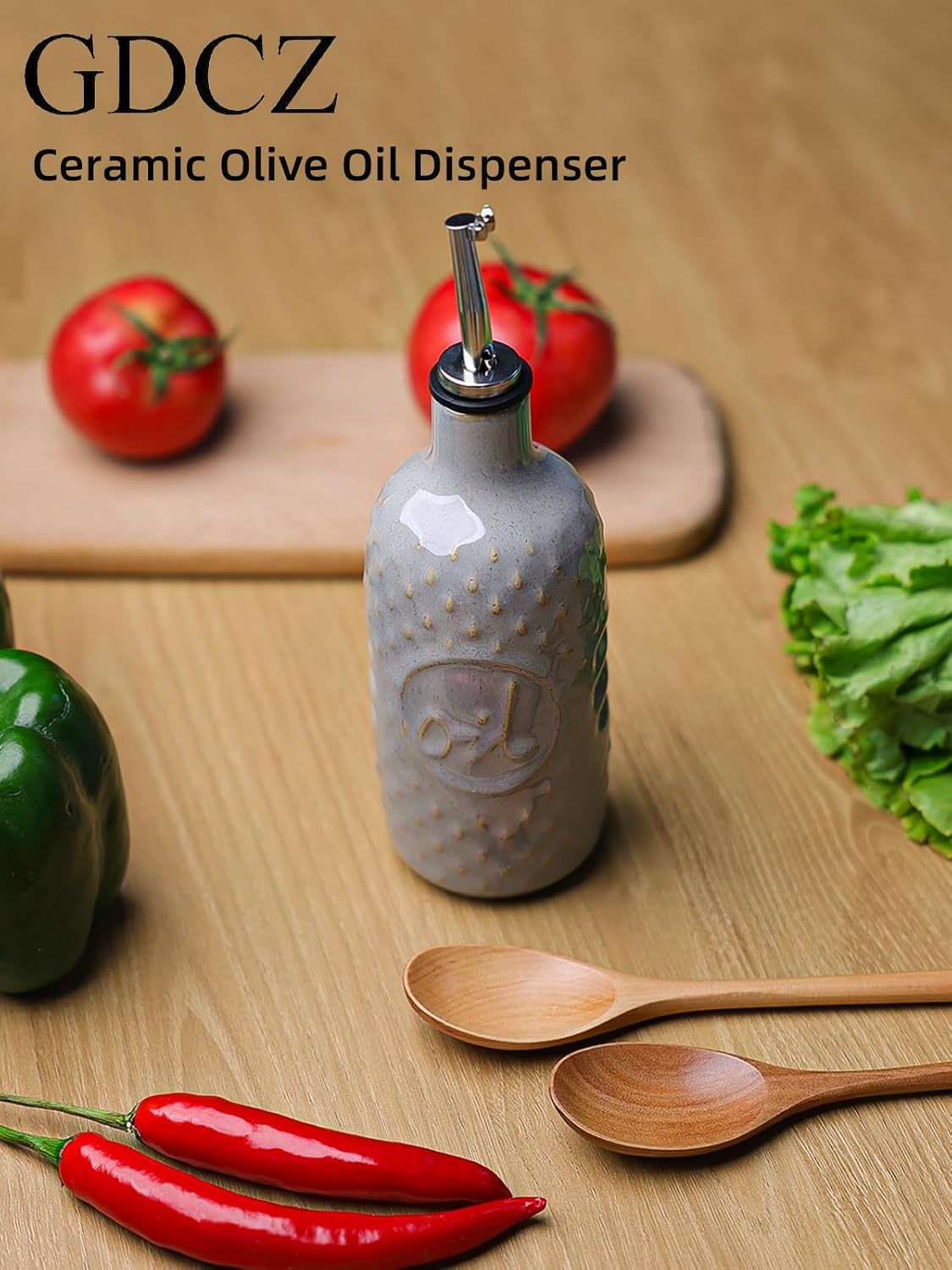 GDCZ Ceramic Olive Oil Dispenser Bottle, Relief Opaque Oil Cruet (Grey)