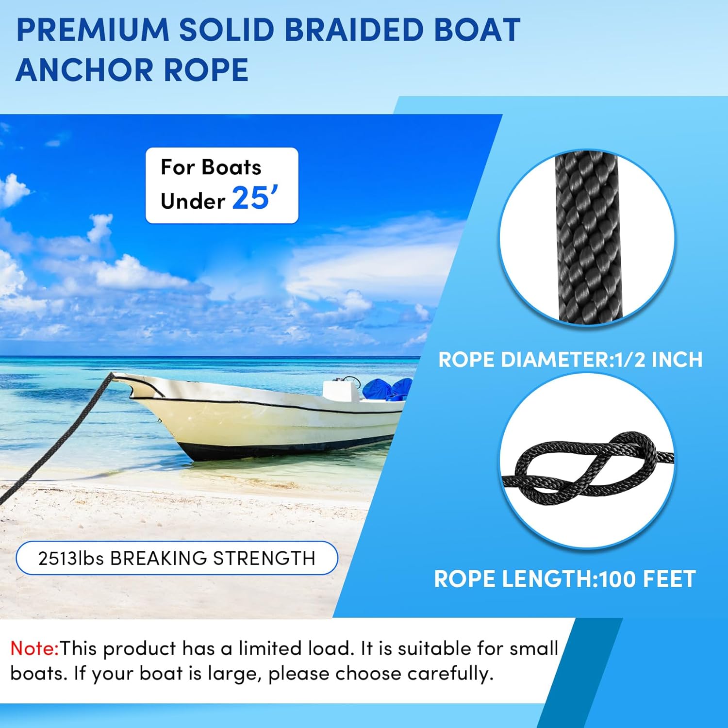 Premium Anchor Rope 100 ft x 1/2 inch, Solid Braid MFP Anchor Line Boat Rope with Thimble & Shackle - Black