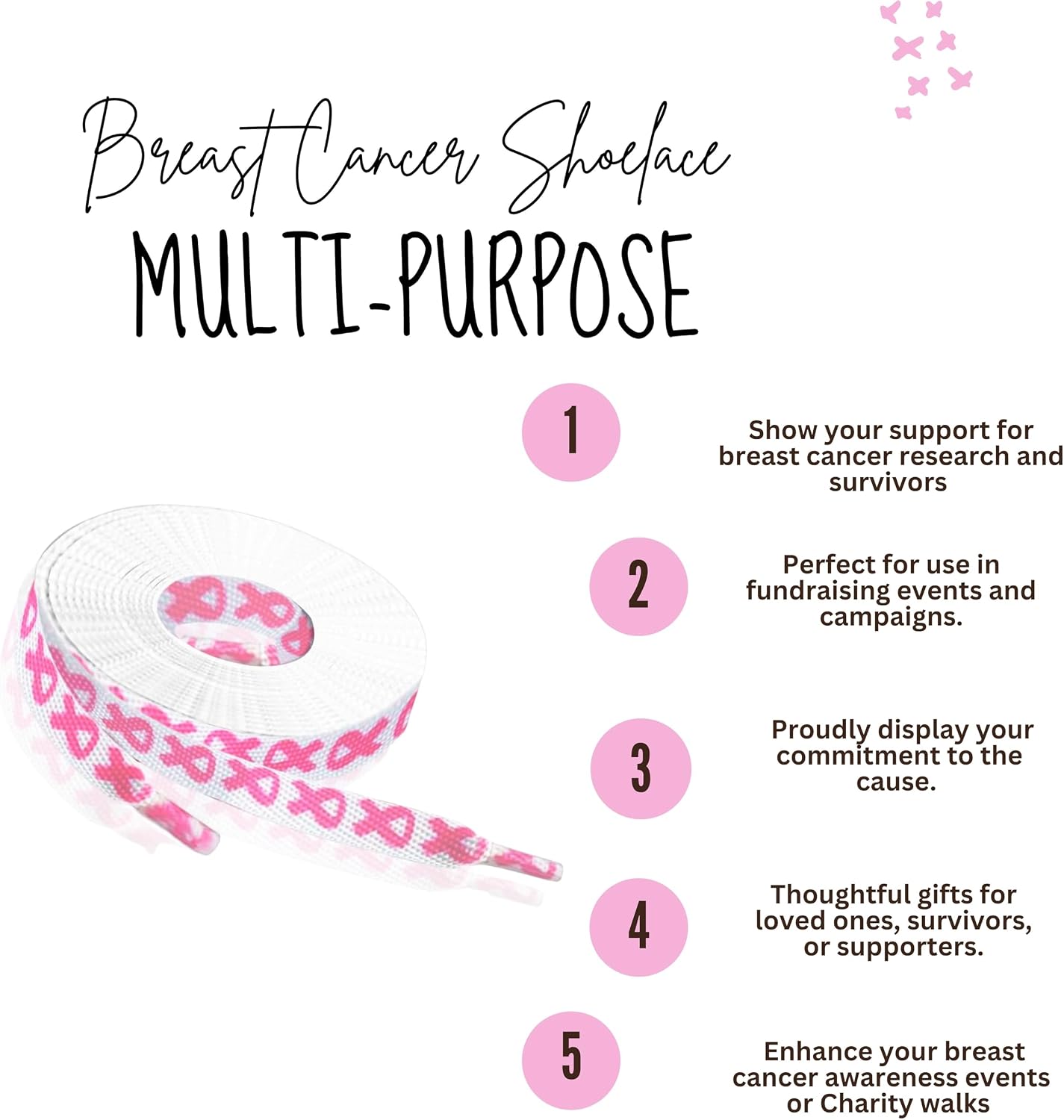 Pink Ribbon Shoelaces for Breast Cancer Awareness Fundraising Walks & Events, Sports/Football/Cheerleading