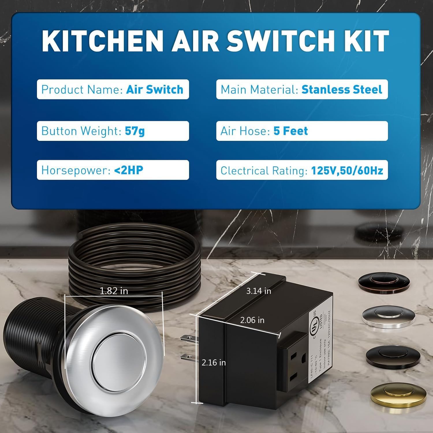 Garbage Disposal Air Switch Kit Sink Top Waste Disposal Long Stainless Steel Black On/Off Air Button Food and Waste Disposals Part, UL Listed