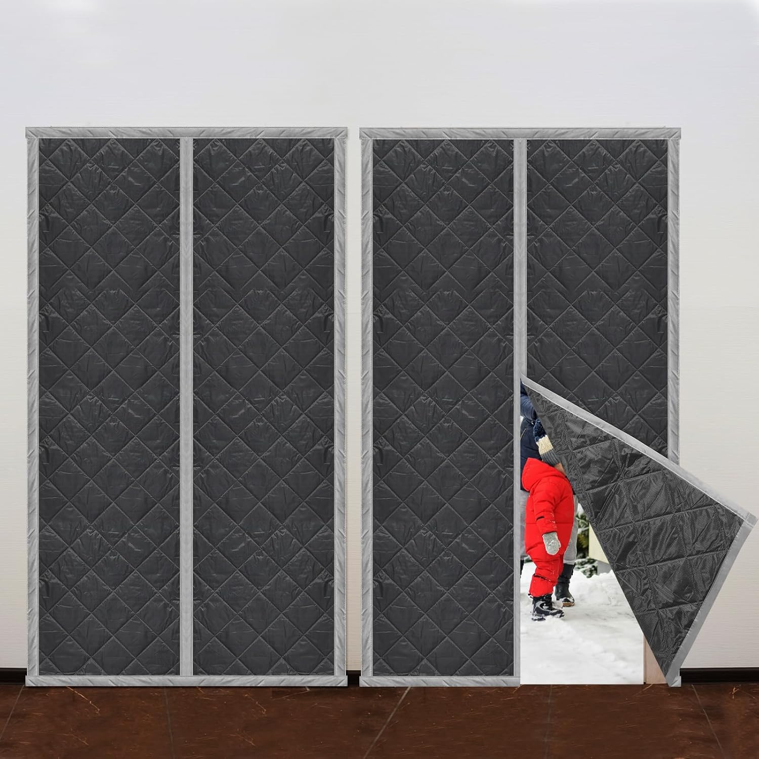 Newwiee 2 Pack Magnetic Thermal Insulated Door Curtain Winter Windproof Doorway Cover Curtain Visible Window Keep Warm Soundproof Blanket(Fits Door Size 44 x 80 Inch,Classic Gray)