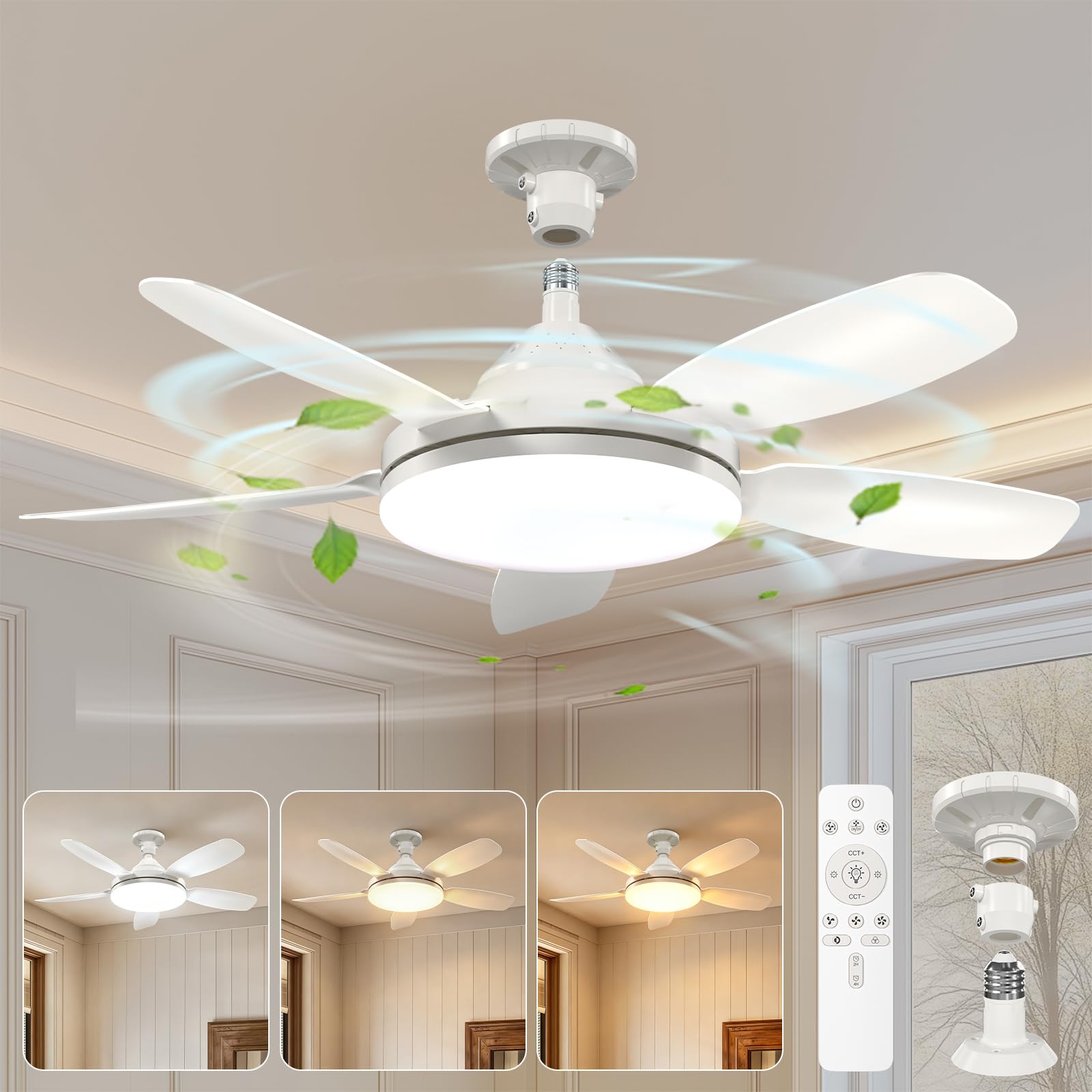 Deckenventilator mit Licht und Fernbedienung 81cm, E27 & Lüfterblatt Klickmontage, 3 CCT & 2500LM Helle Ventilator Lampe Decke, Leise Deckenventilatoren mit Beleuchtung für Schlafzimmer Wohnzimmer