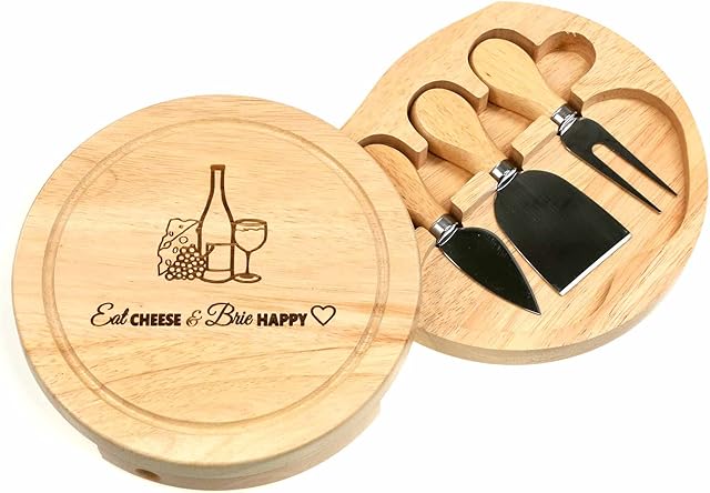 Cathcart Elliot Engraved Round Wood Cheese Board & Knife Set 19cm Wine Cheese Grapes Eat Cheese & Brie Happy