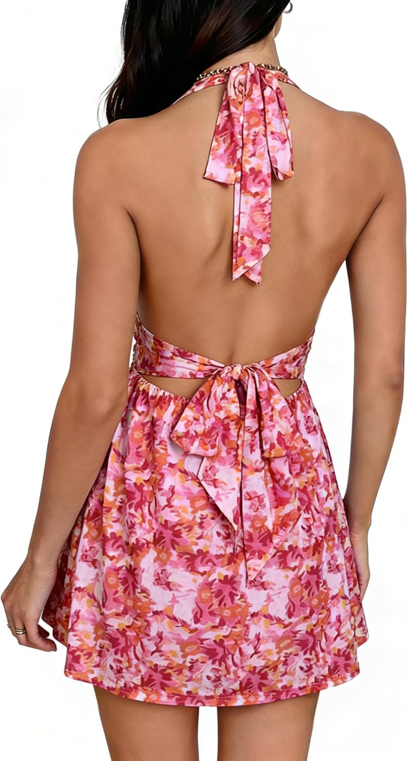 COCCKO Women's Halter Deep V Neck Dress, Backless Floral Print Mini Sundress, Summer Beach Vacation Going Out 2026