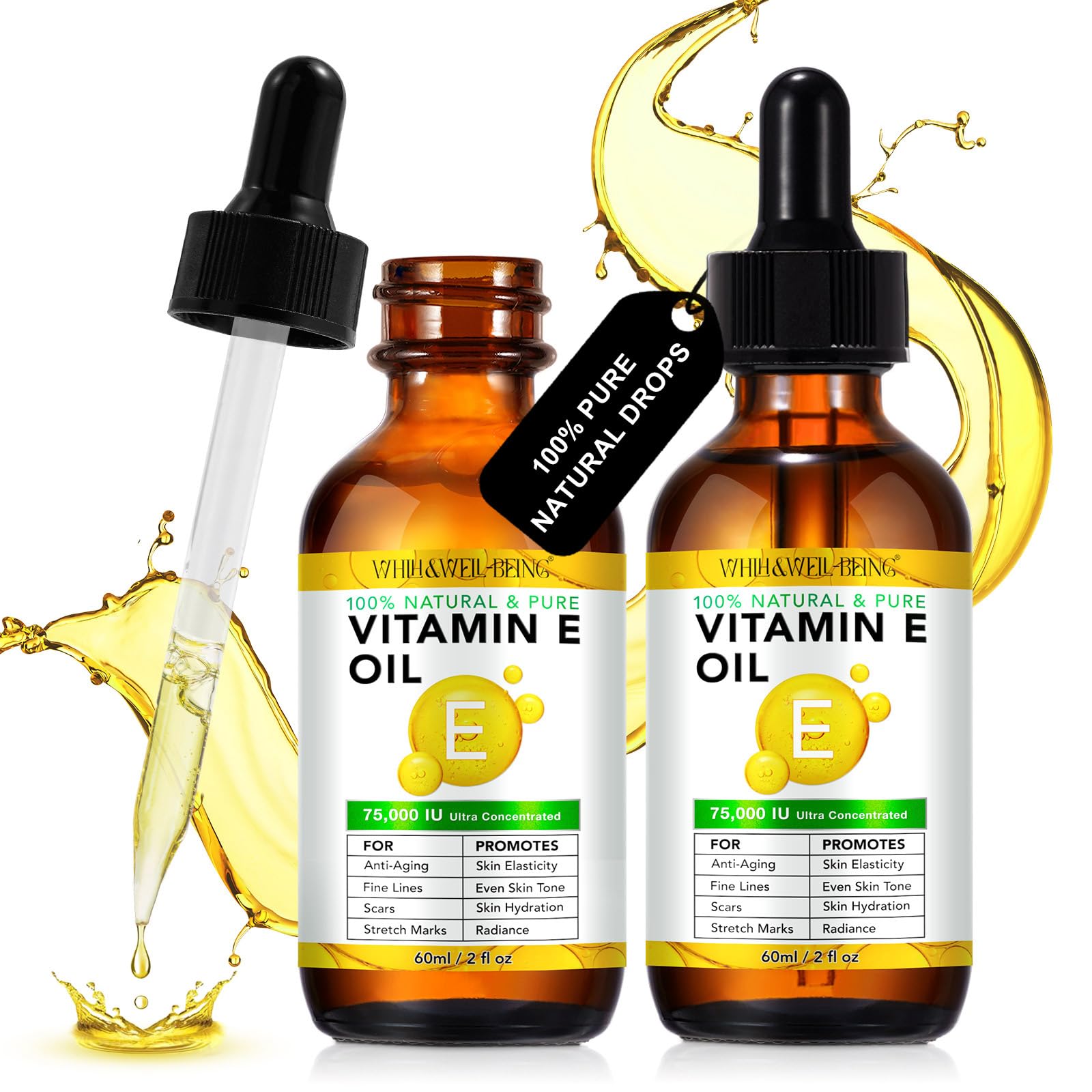 WHLH & WELL-BEING Pure Vitamin E Oil for Skin Face Hair Scars, Blend 75,000 IU, 100% Organic Natural Moisturizing Dry Skin Winkles Hair and Scalp 2Pack