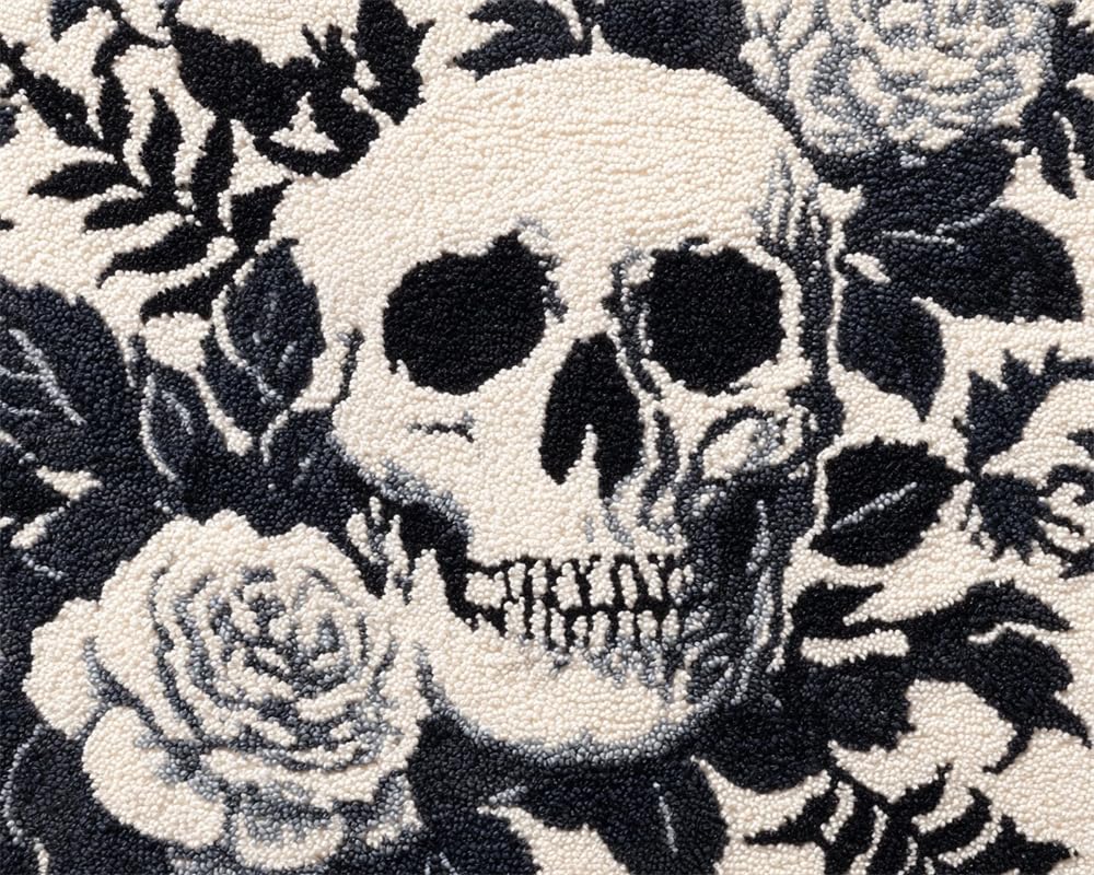 Latch Hook Rug Kits Black and White Skull and Flower Christmas Rug Making Kits for Beginners Adults Tapestry Kits Embroidery Kits Craft Kit Carpet Doormat Creative Gift Home Decoration 39X55In