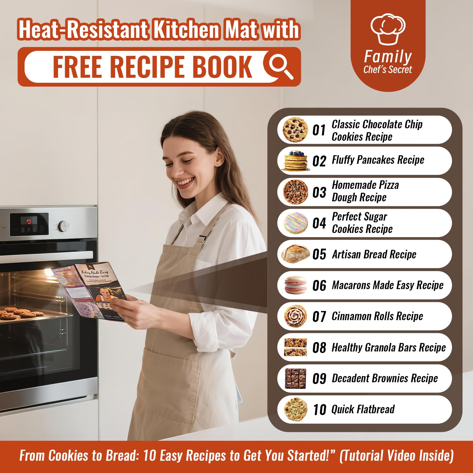 Silikon-Backmatte mit 10 Rezepten, Silikon-Macaron-Backblech für Kekse, Pizza, Surdough, Gebäck, Teig, nicht streichend und 250 °C, ofenfest