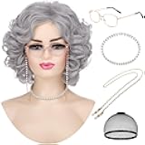 Old Lady Gray Wigs for Women Short Grey Curly Grandma Wig for 100th Days of School Cosplay Costume Halloween Party Synthetic Granny Wigs (5pcs Set)