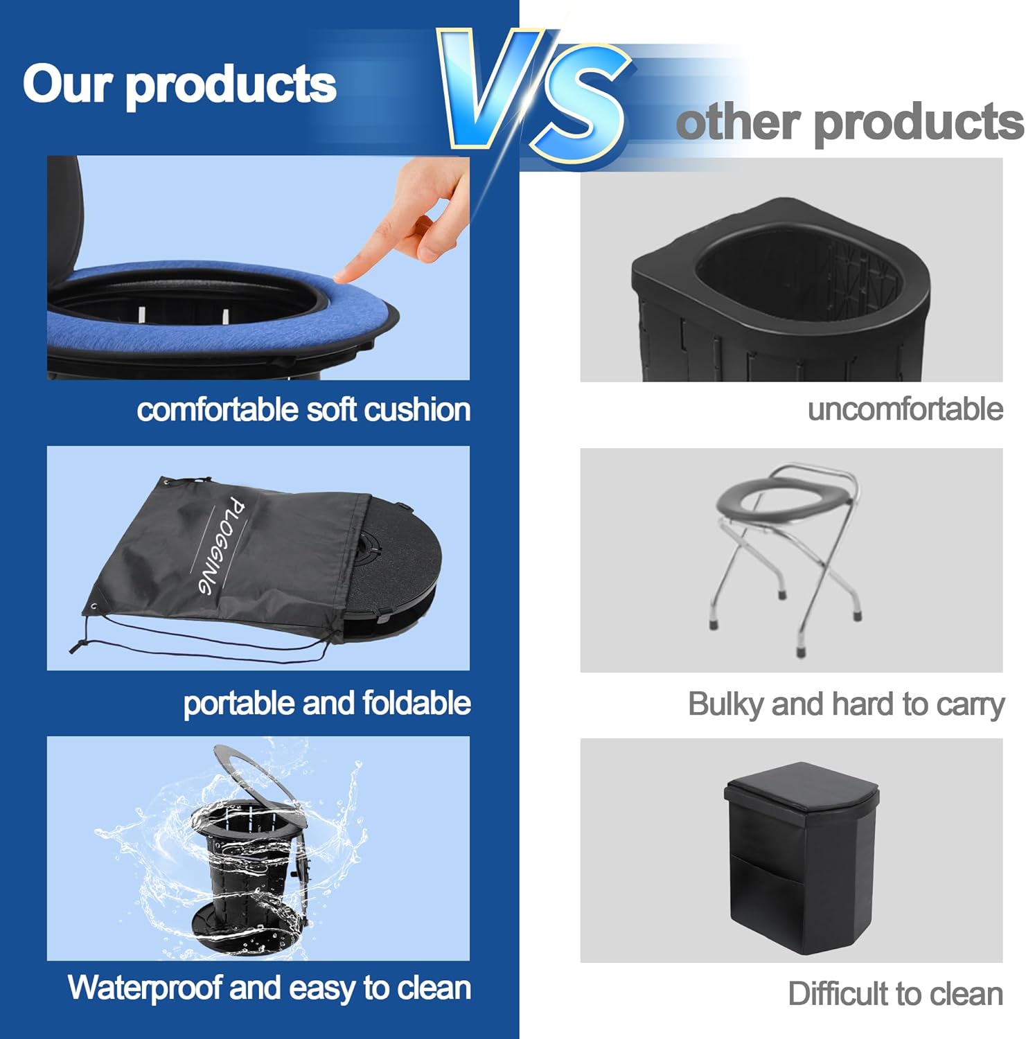 Upgraded Retractable Portable Toilet with Cushion, Adjustable Height Camping Toilets with Lid for Adults and Kids, Compact Portable Potty for Camping, Car, Travel, Boat, Tent and Emergency Use