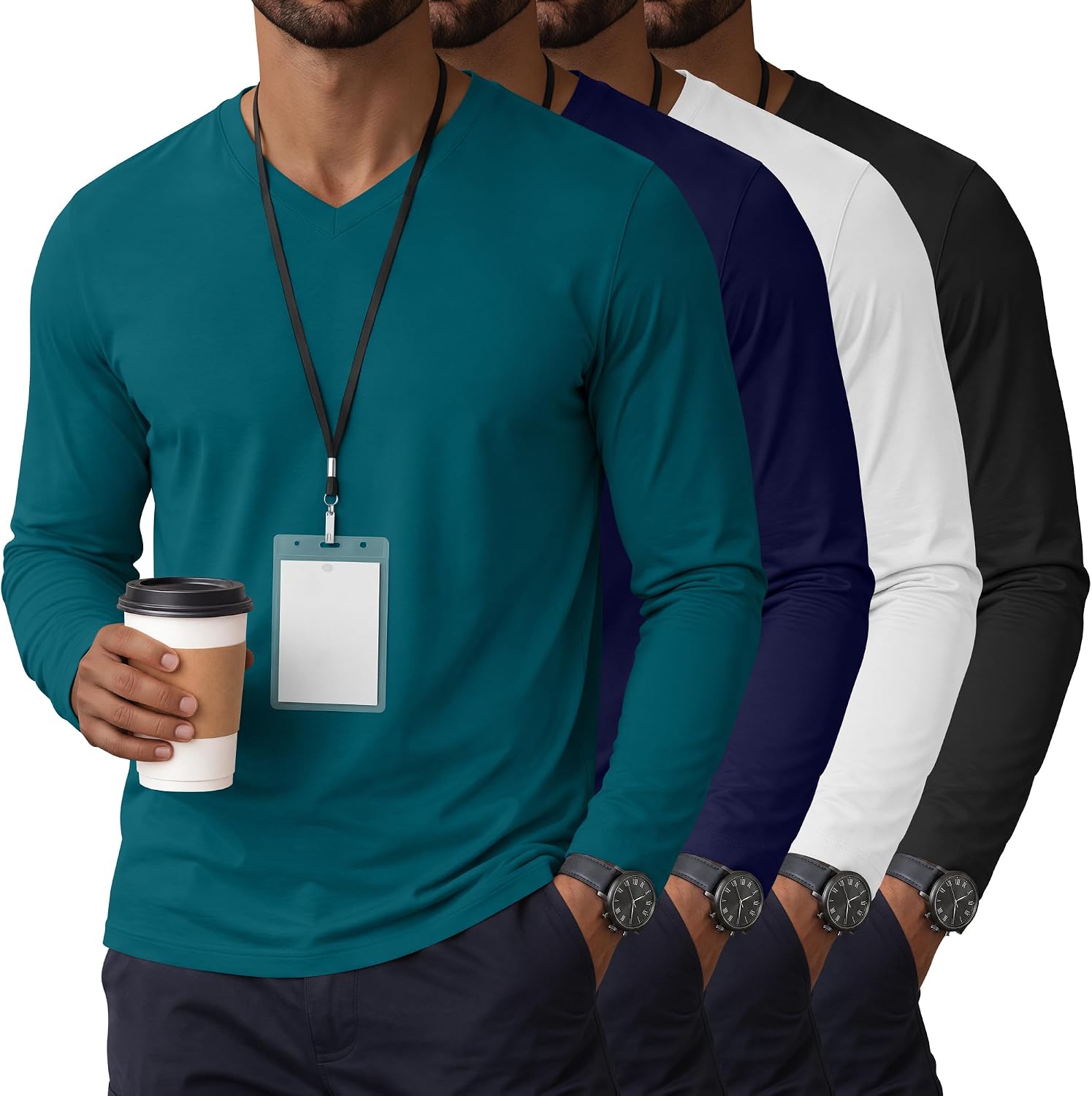 August Alley 4 Pack Men's V Neck Long Sleeve Under Scrub Shirts