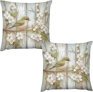 Lovely Bird Flower Throw Pillow Covers, Set of 2 Decorative Wood Branch Leaf Cushion Cases for Sofa, Bed, Couch, Living Room Decor, 12x12 inch