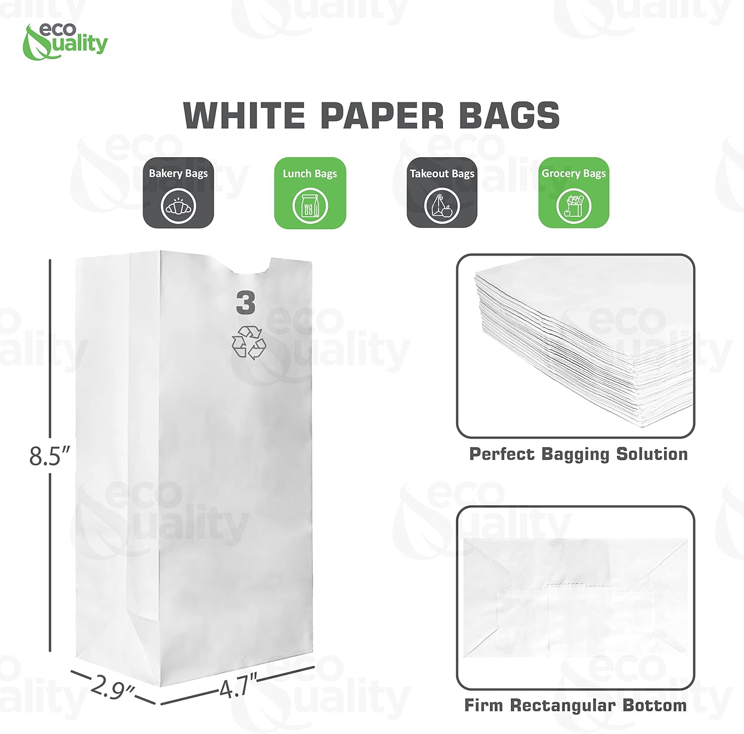 Paper Lunch Bags 3 Lb White Paper Bags 3LB Capacity - Kraft White Paper Bags, Bakery Bags, Candy Bags, Lunch Bags, Grocery Bags, Craft Bags - #3 Medium Lunch Paper Bags / Kraft Paper Sacks by EcoQuality (400, #3 - 3LB)