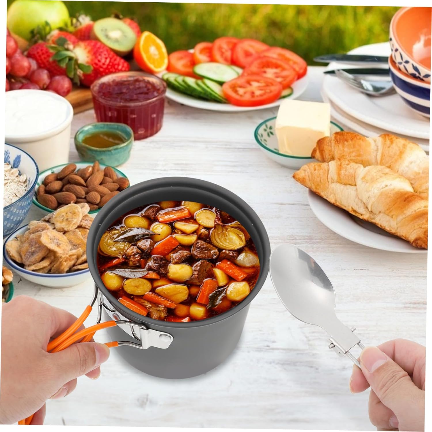 Mikinona Alloy Outdoor Camping Cookware Set with Stew Pot Frying Pan Plates Portable Non-Stick Cooking Pots for Hiking Backpacking Picnic for People