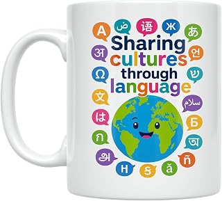 Cultural Exchange Enthusiast Coffee Mug - Sharing Cultures Through Language - 11 oz White Ceramic - Multicultural Design