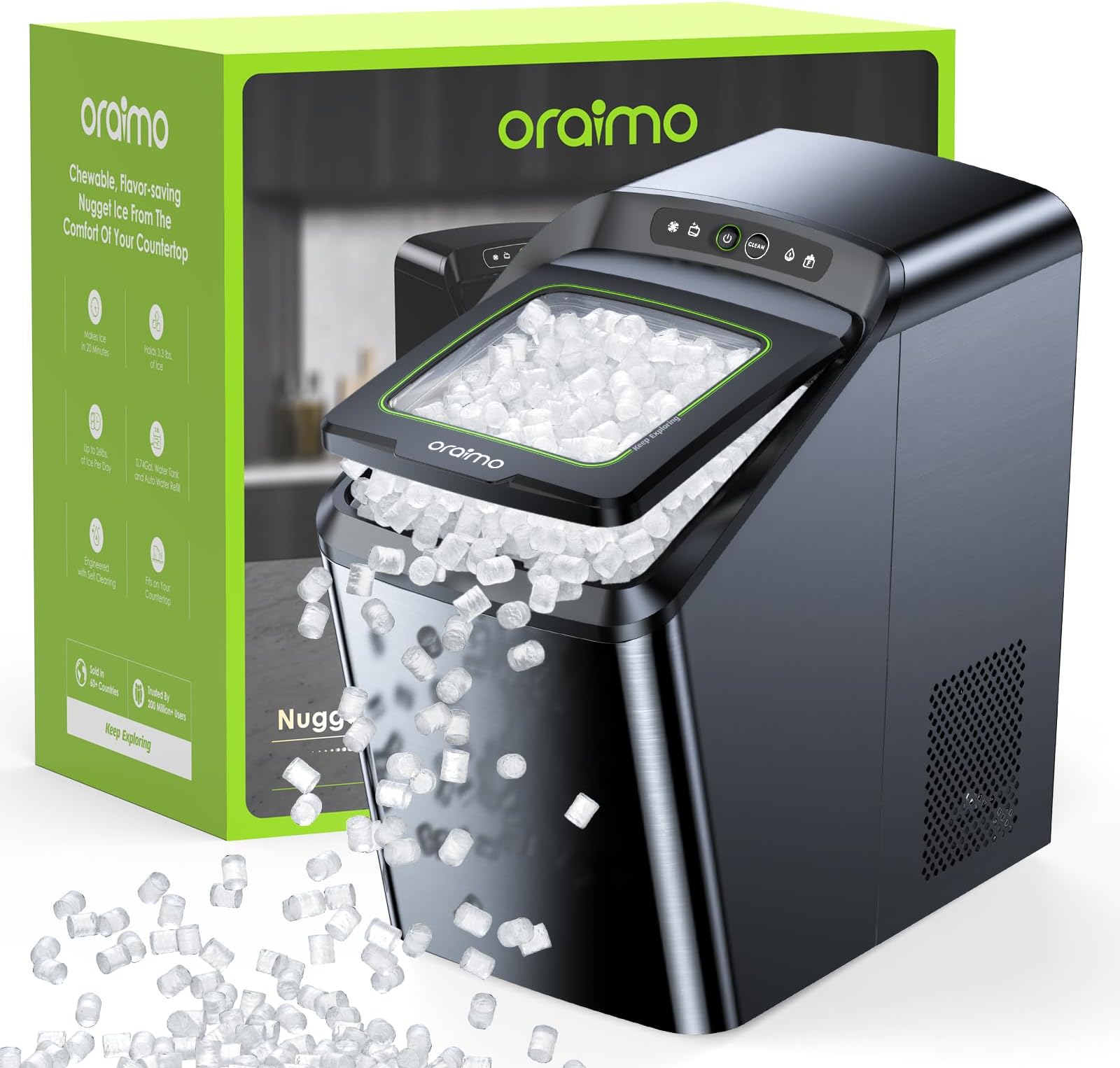 Oraimo Nugget Ice Maker, Ice Makers Countertop, 26 Lbs/Day Tooth-Friendly Chewable Ice with Self-Cleaning, Auto Water Refill, Sonic Pebble Ice Machine