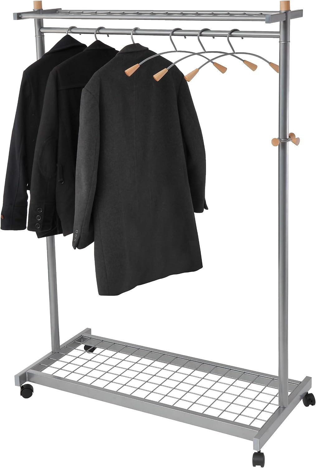 Alba Two-Sided, Two-Shelf Coat Rack, 6 Hangers, 6 Hooks, Metallic Gray and Light Wood, 45.6 x 72 x 22 Inches (PMLUX6)